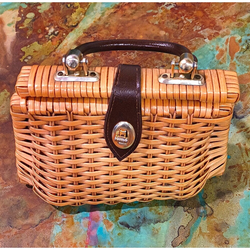 Vintage Wicker Basket Purse - Mid-Century Structured Box Handbag with Polka Dot